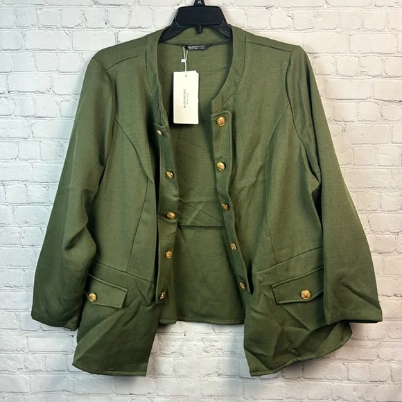 BloomChic Olive Green Button Detail Open Front Jacket Plus Sizes 1X & 2X - Picture 2 of 5